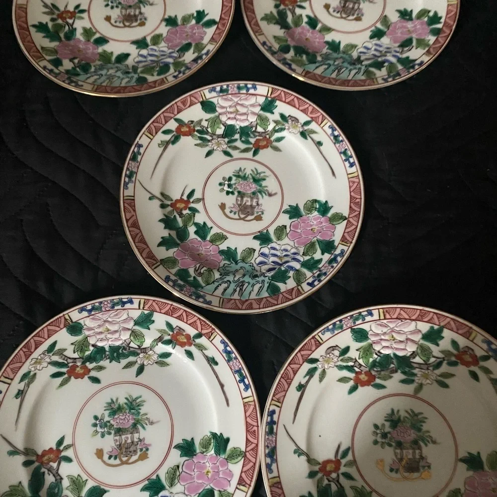 5 Kutani Yaki Ware Japanese Hand Painted  Floral 7.5” MCM Gold Trim Plates